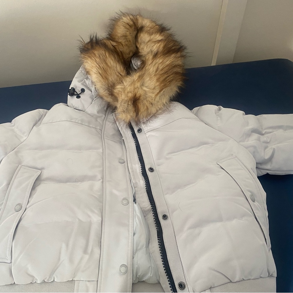 Superdry White Puffer Jacket with Faux Fur Hood